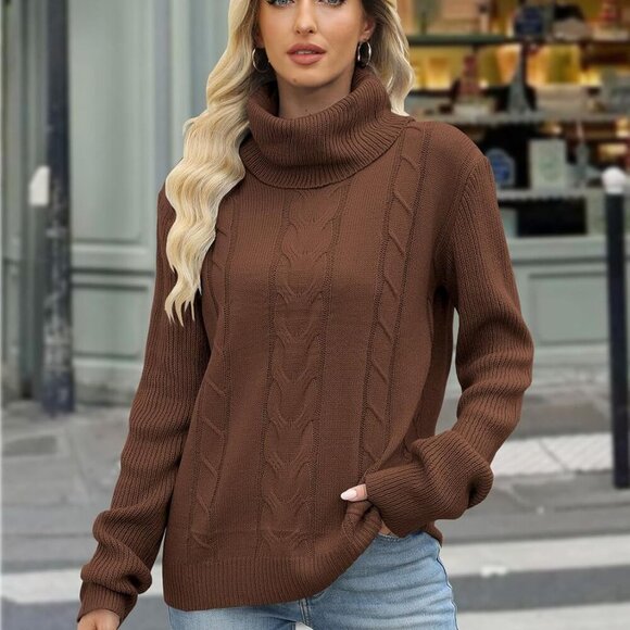Elegant Women's Cable Knit Turtleneck Sweater - Cozy Brown Pullover for Winter - Picture 6 of 6